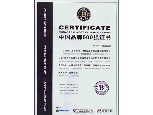中国品牌500强证书